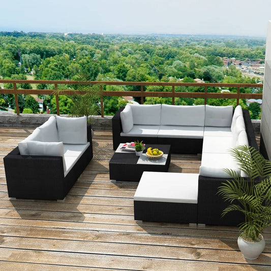 10-delige Loungeset met kussens poly rattan zwart