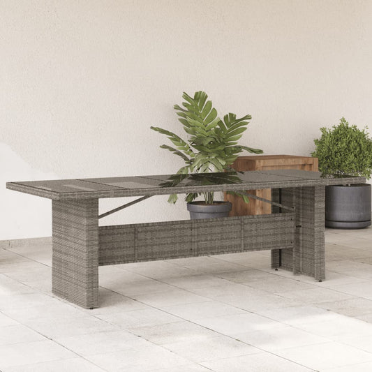 Tuintafel met glazen blad 240x90x75 cm poly rattan grijs