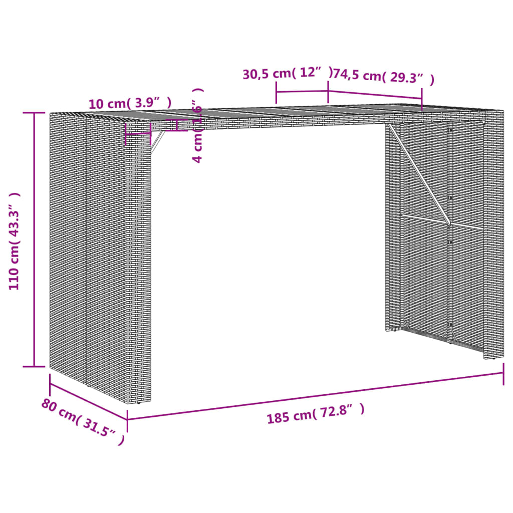 Tuinbartafel acaciahouten blad 185x80x110 cm poly rattan grijs