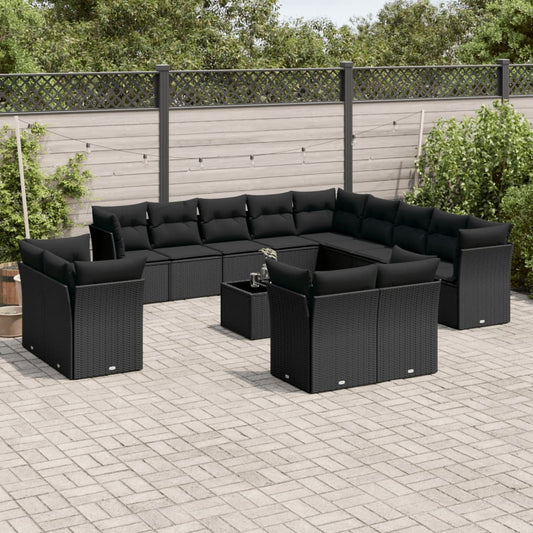 14-delige Loungeset met kussens poly rattan zwart