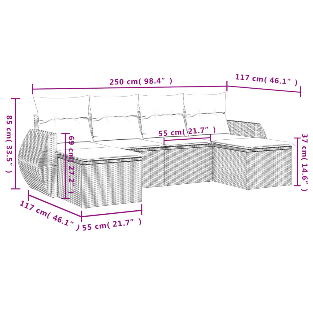 6-delige Loungeset met kussens poly rattan zwart