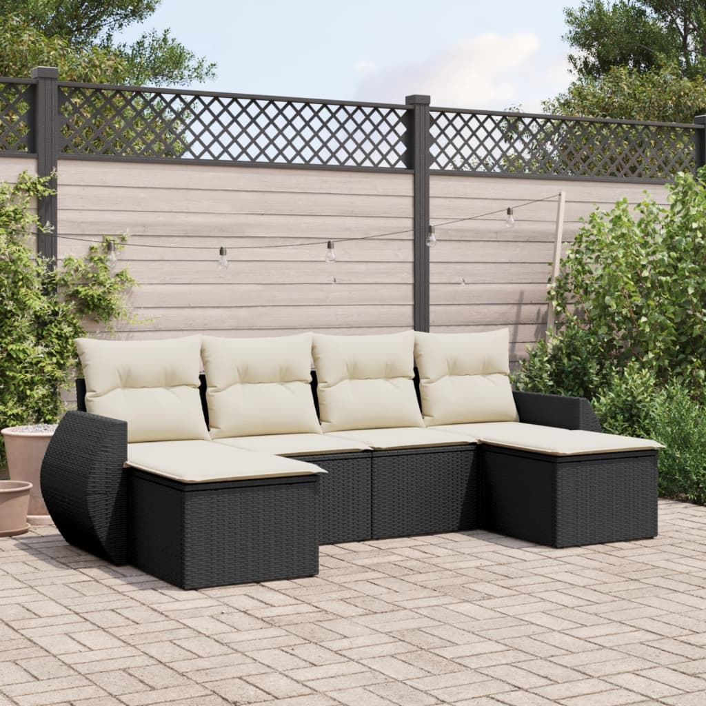 6-delige Loungeset met kussens poly rattan zwart