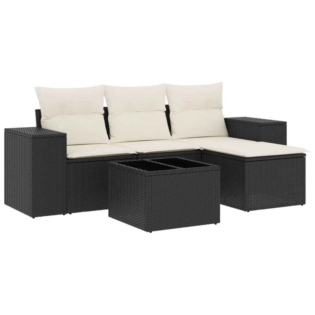 5-delige Loungeset met kussens poly rattan zwart