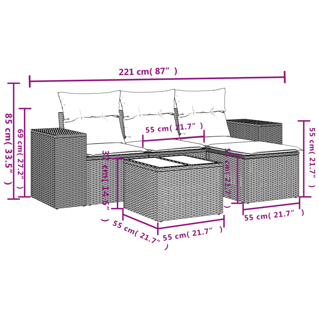 5-delige Loungeset met kussens poly rattan zwart