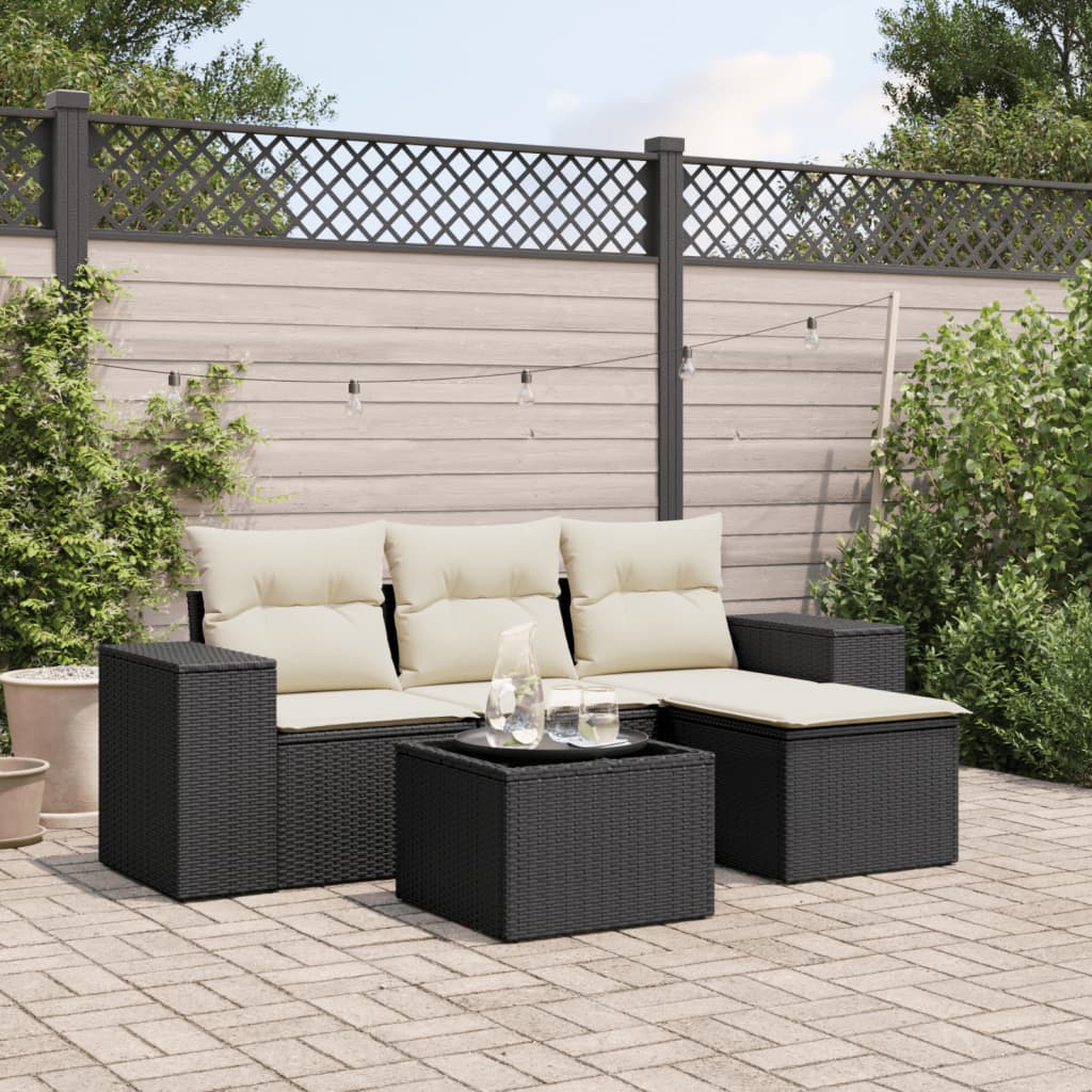 5-delige Loungeset met kussens poly rattan zwart