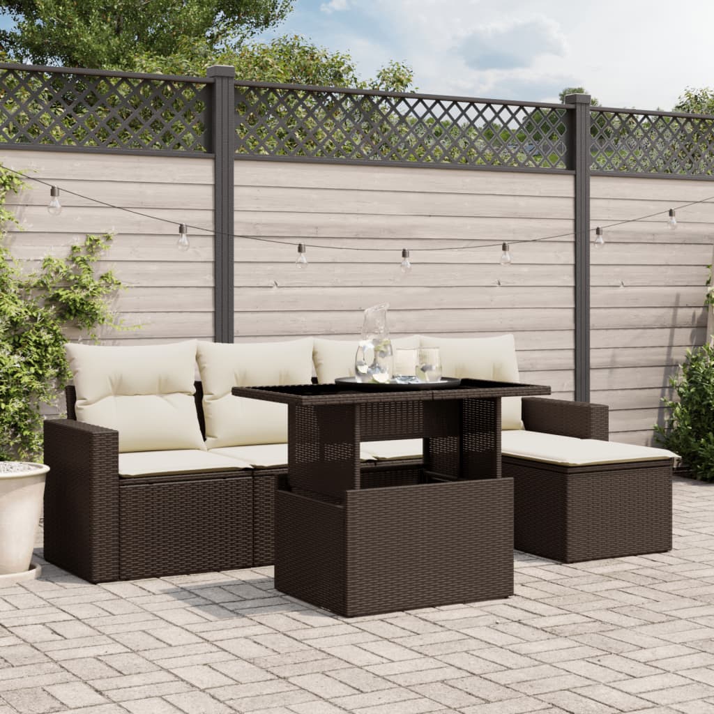 6-delige Loungeset met kussens poly rattan bruin