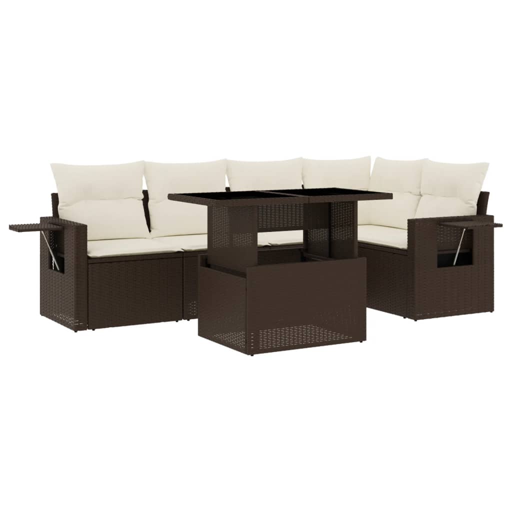 6-delige Loungeset met kussens poly rattan bruin