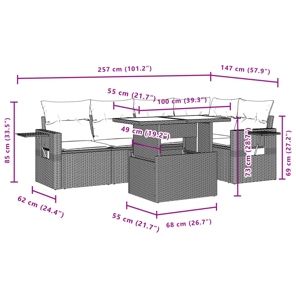 6-delige Loungeset met kussens poly rattan bruin