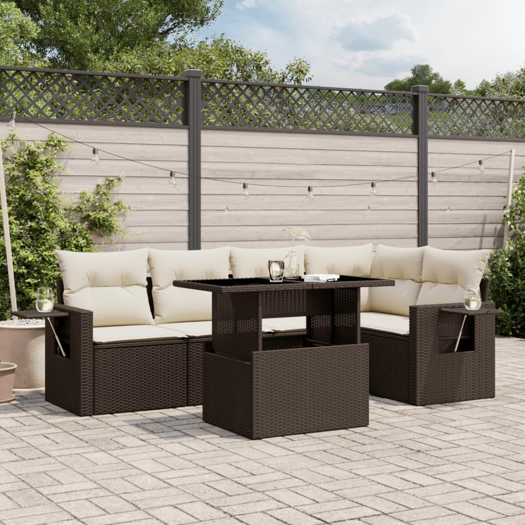 6-delige Loungeset met kussens poly rattan bruin