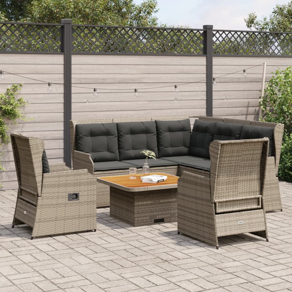 6-delige Loungeset met kussens poly rattan grijs