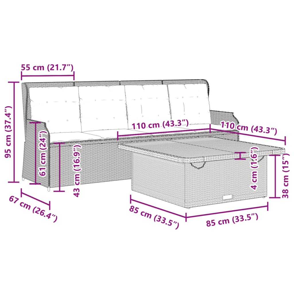 3-delige Loungeset met kussens poly rattan grijs