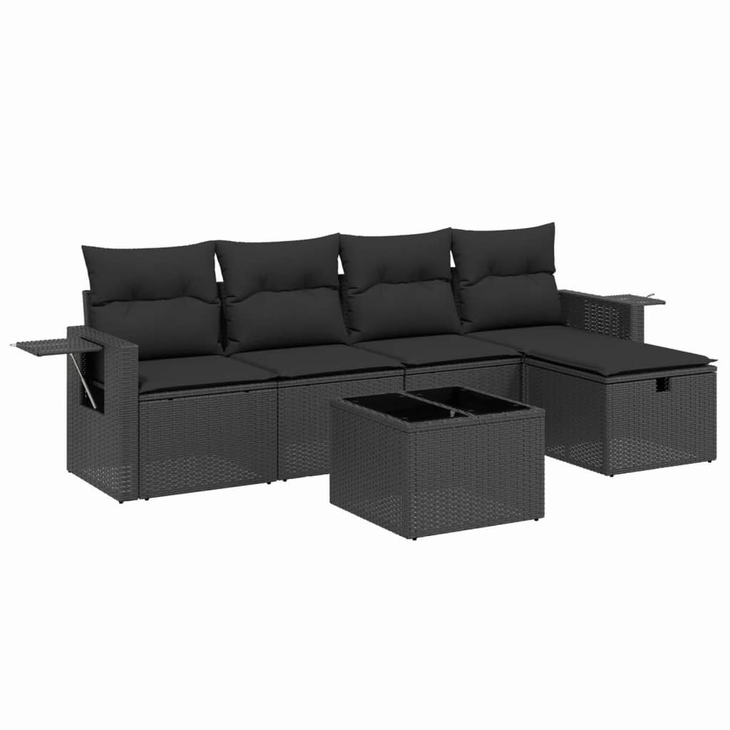 6-delige Loungeset met kussens poly rattan zwart