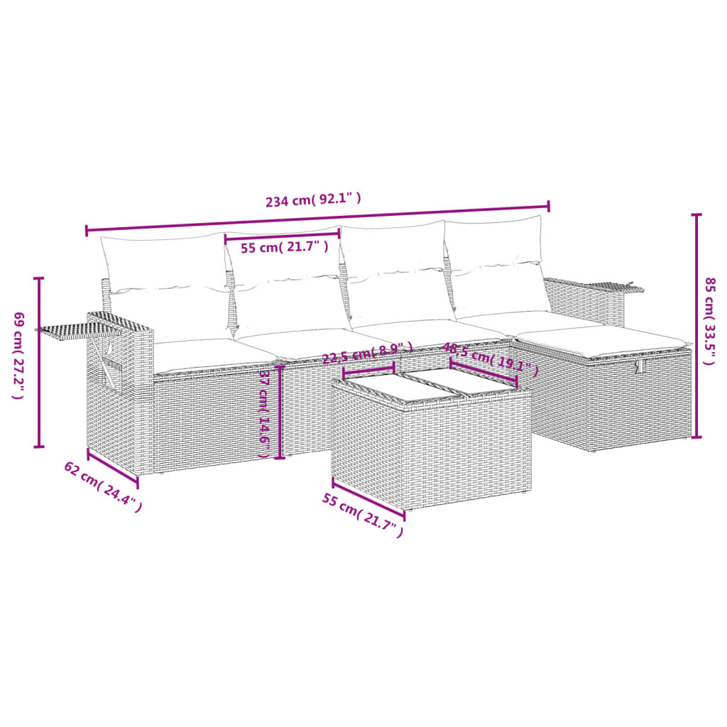 6-delige Loungeset met kussens poly rattan zwart