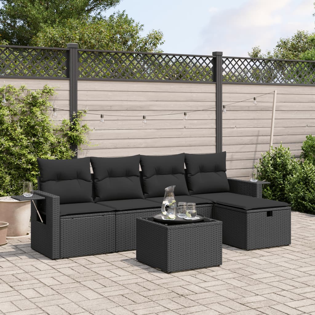 6-delige Loungeset met kussens poly rattan zwart