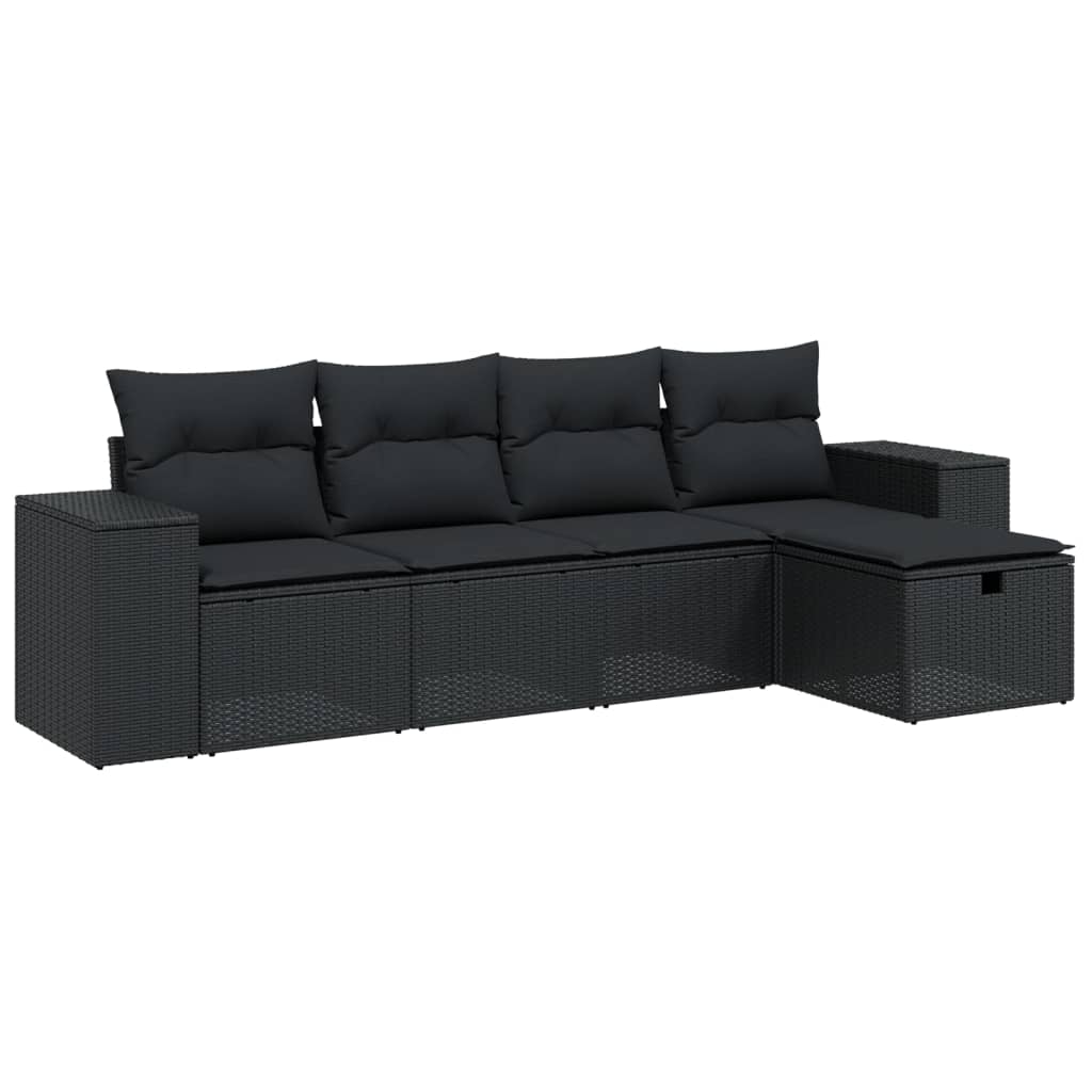 5-delige Loungeset met kussens poly rattan zwart