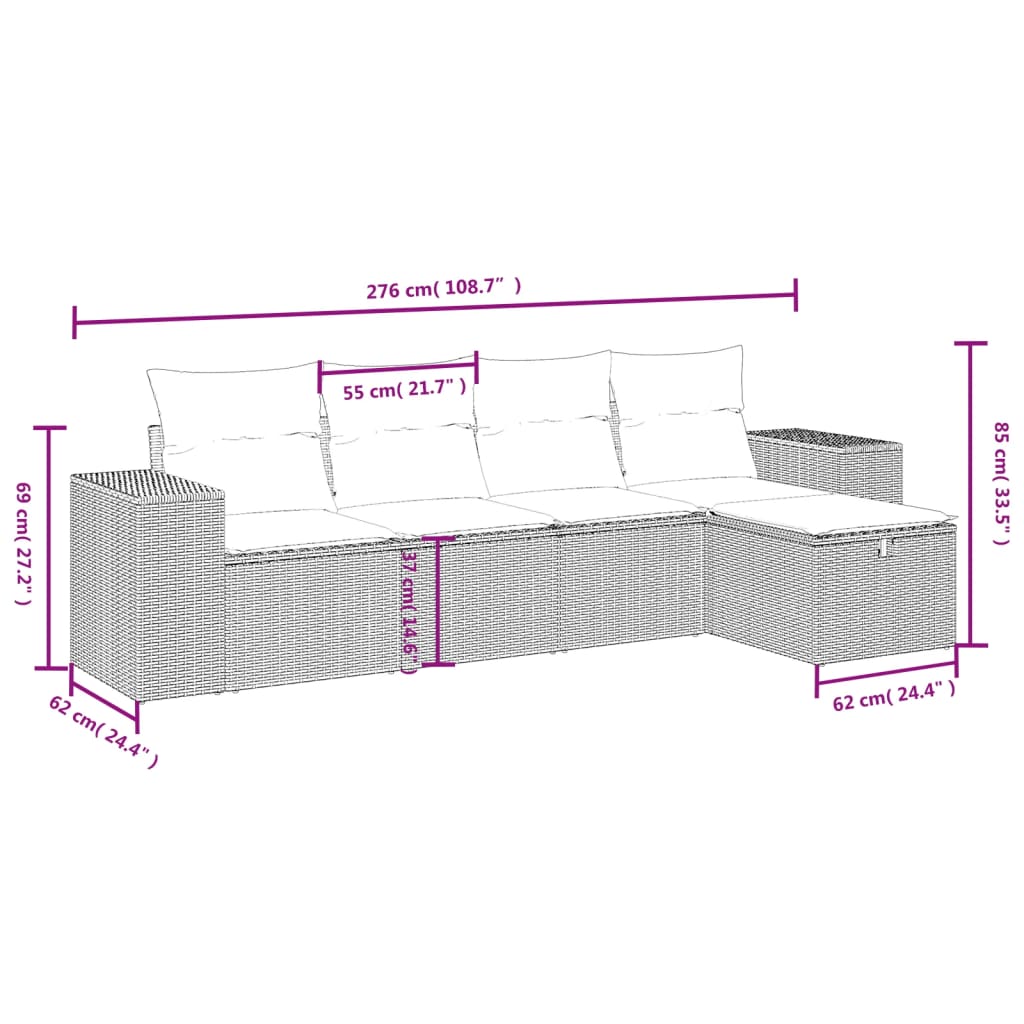 5-delige Loungeset met kussens poly rattan zwart