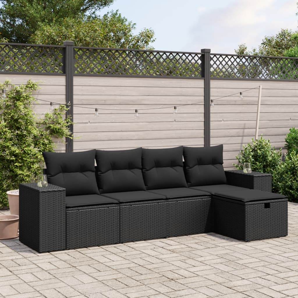 5-delige Loungeset met kussens poly rattan zwart