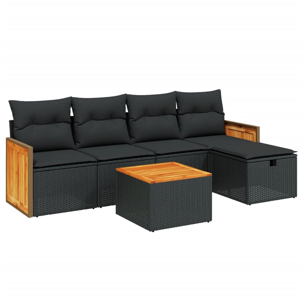 6-delige Loungeset met kussens poly rattan zwart