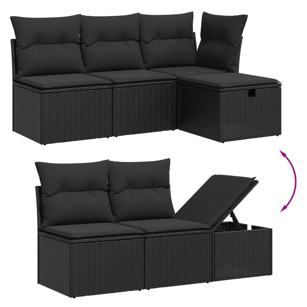 6-delige Loungeset met kussens poly rattan zwart