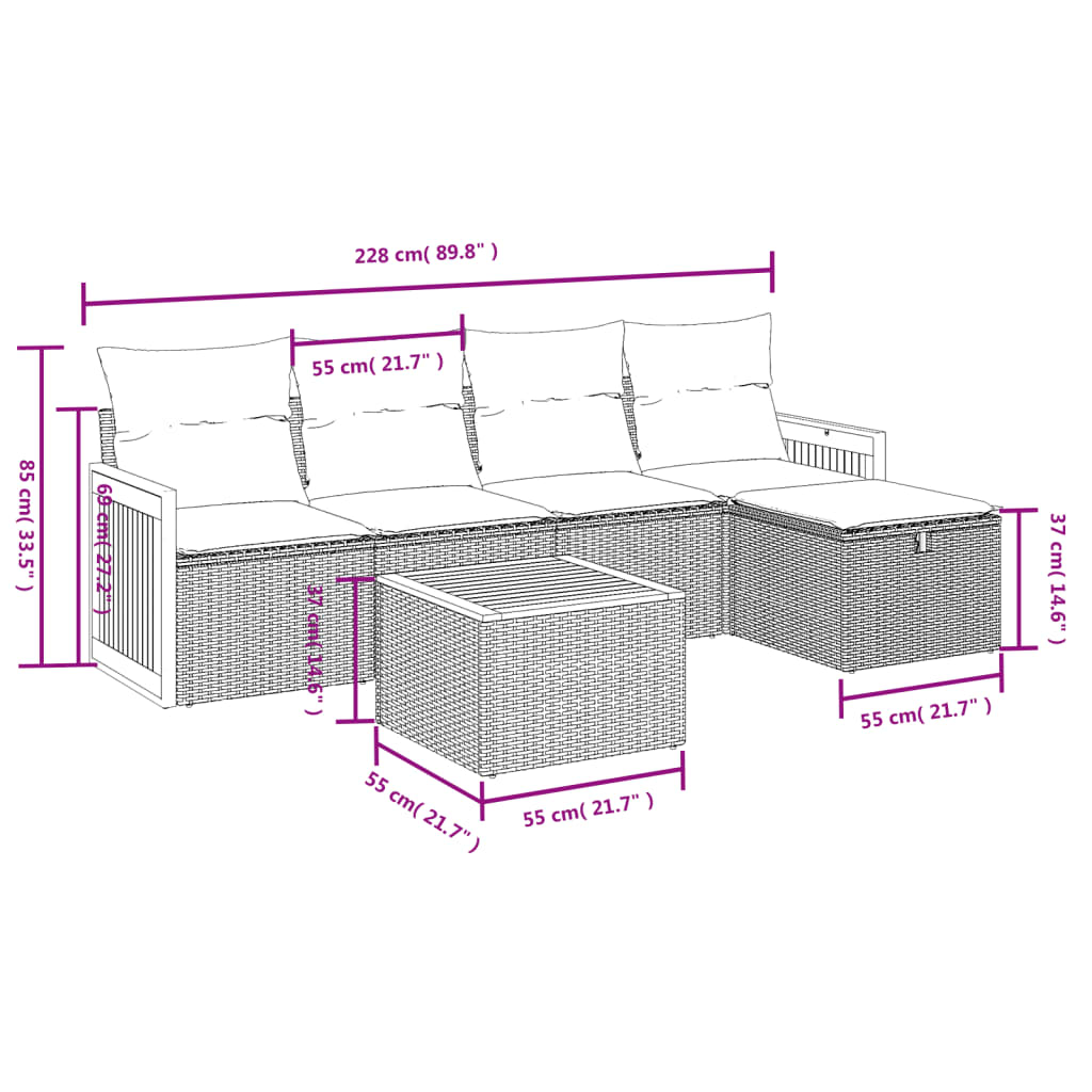 6-delige Loungeset met kussens poly rattan zwart