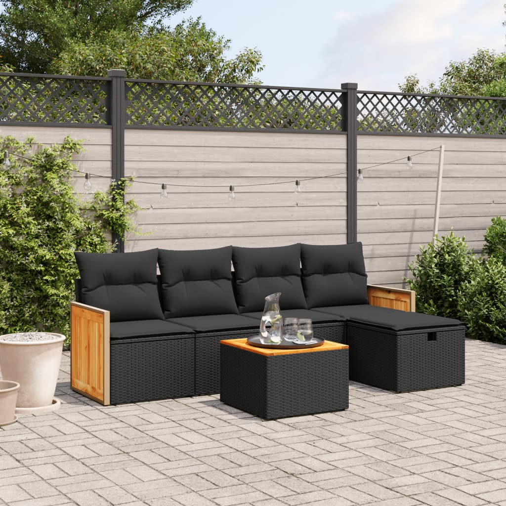 6-delige Loungeset met kussens poly rattan zwart