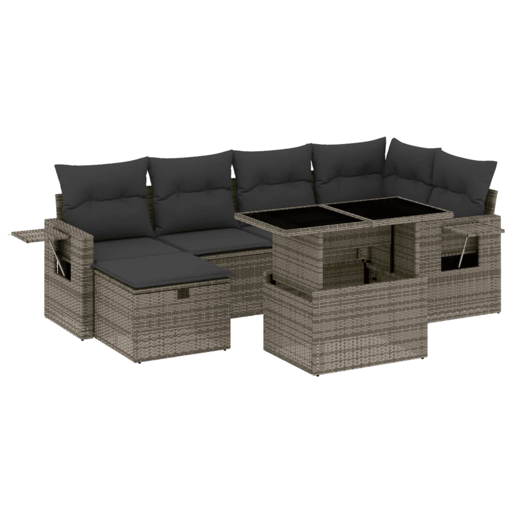 7-delige Loungeset met kussens poly rattan grijs