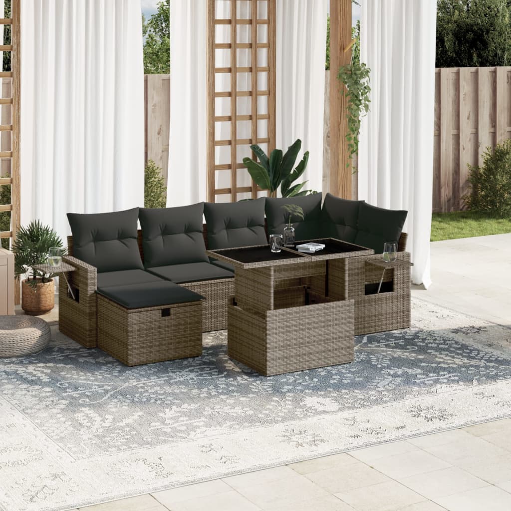 7-delige Loungeset met kussens poly rattan grijs