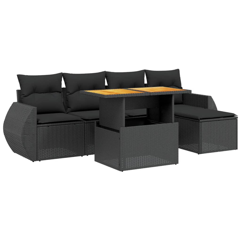 6-delige Loungeset met kussens poly rattan zwart