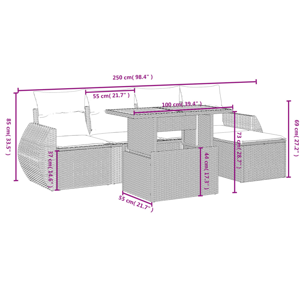 6-delige Loungeset met kussens poly rattan zwart