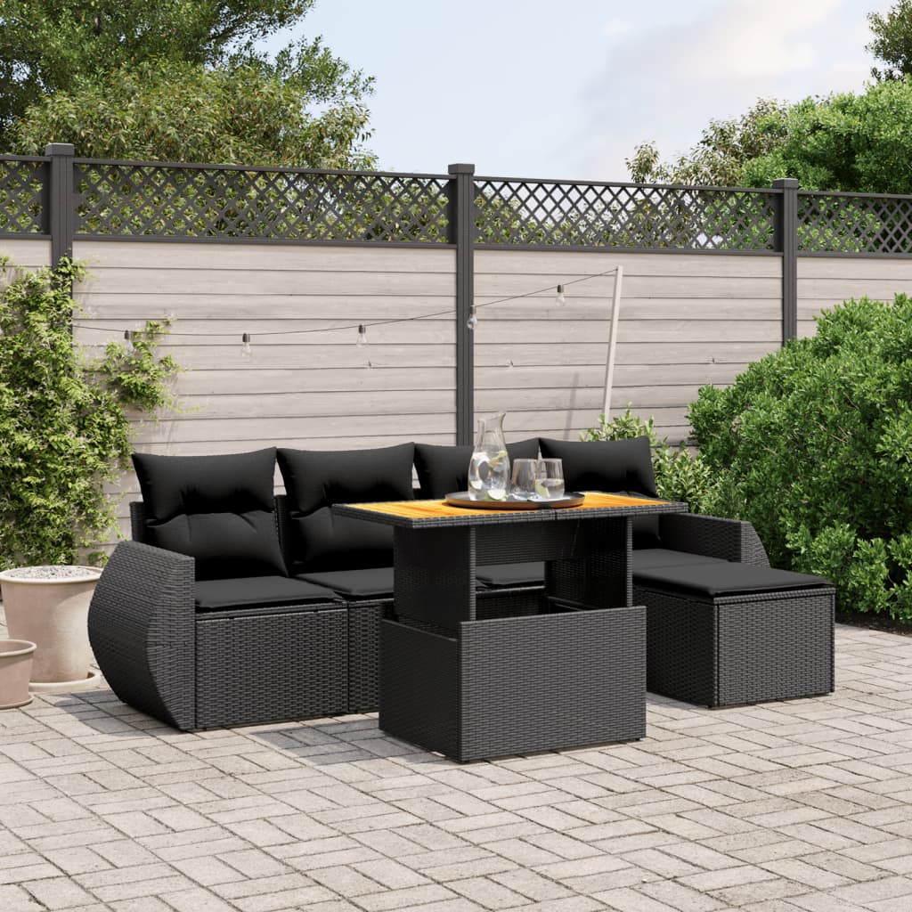 6-delige Loungeset met kussens poly rattan zwart