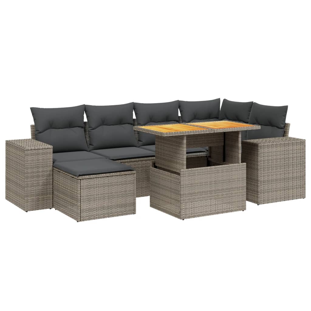 7-delige Loungeset met kussens poly rattan grijs