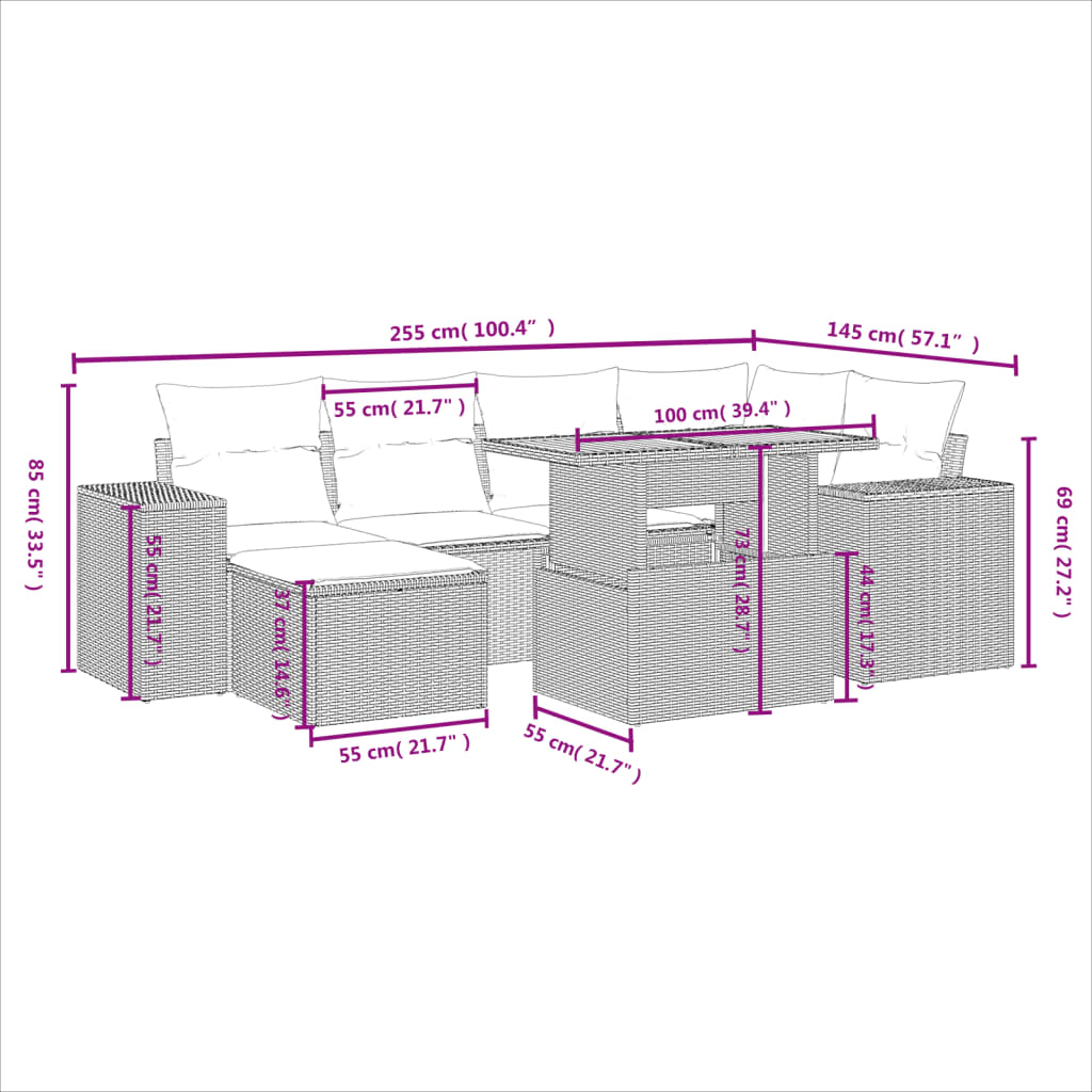 7-delige Loungeset met kussens poly rattan grijs