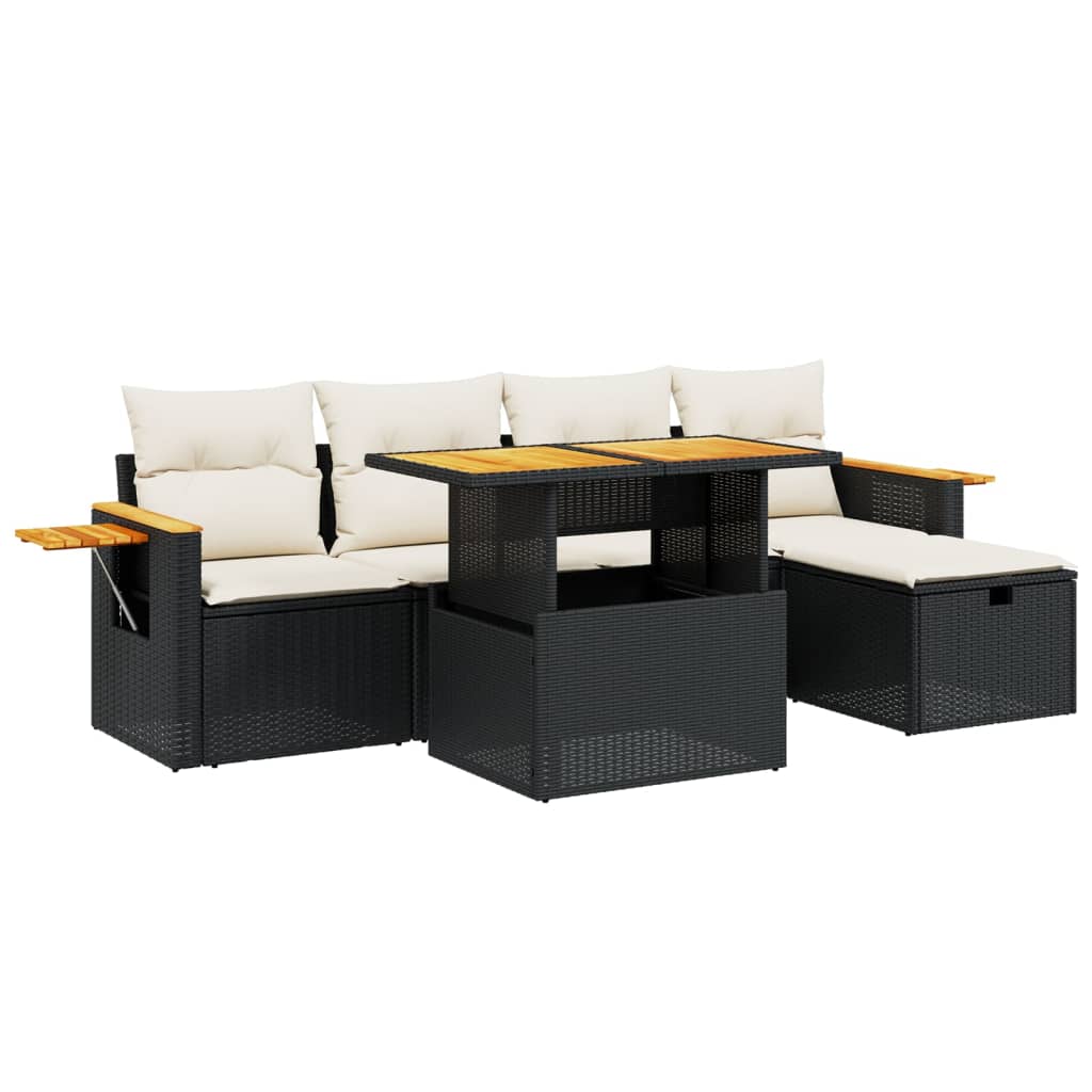 6-delige Loungeset met kussens poly rattan zwart