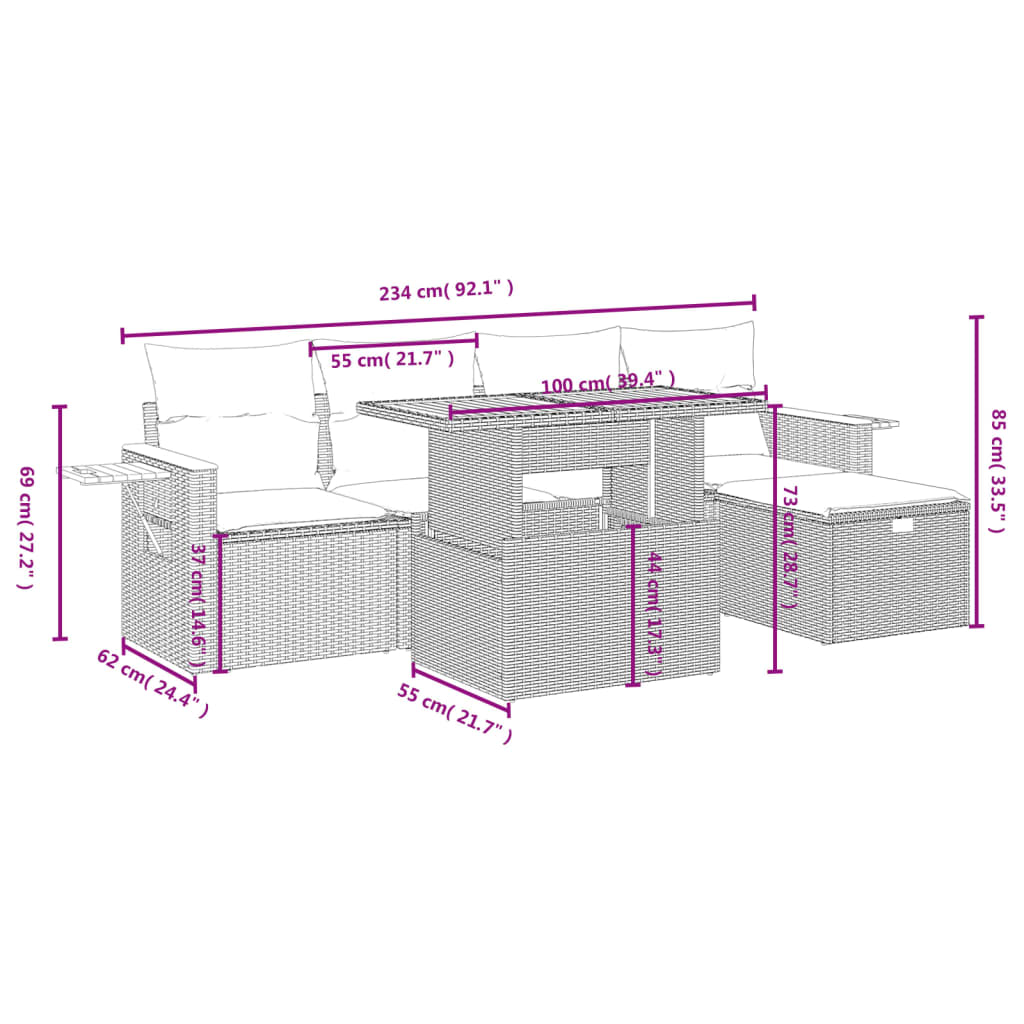 6-delige Loungeset met kussens poly rattan zwart