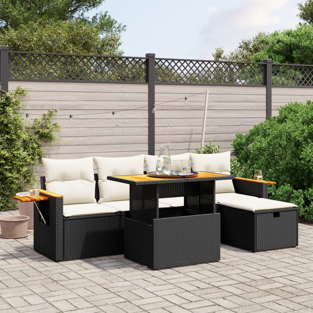 6-delige Loungeset met kussens poly rattan zwart