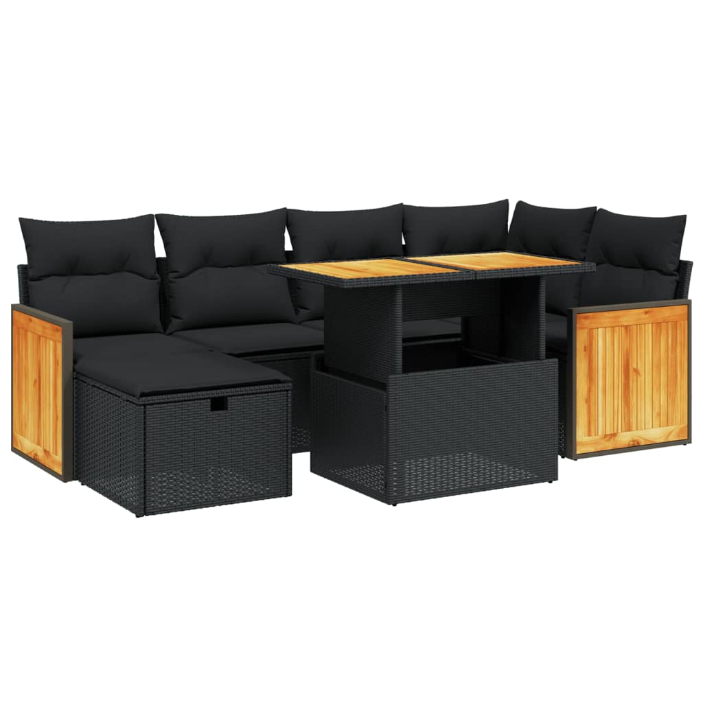 7-delige Loungeset met kussens poly rattan zwart