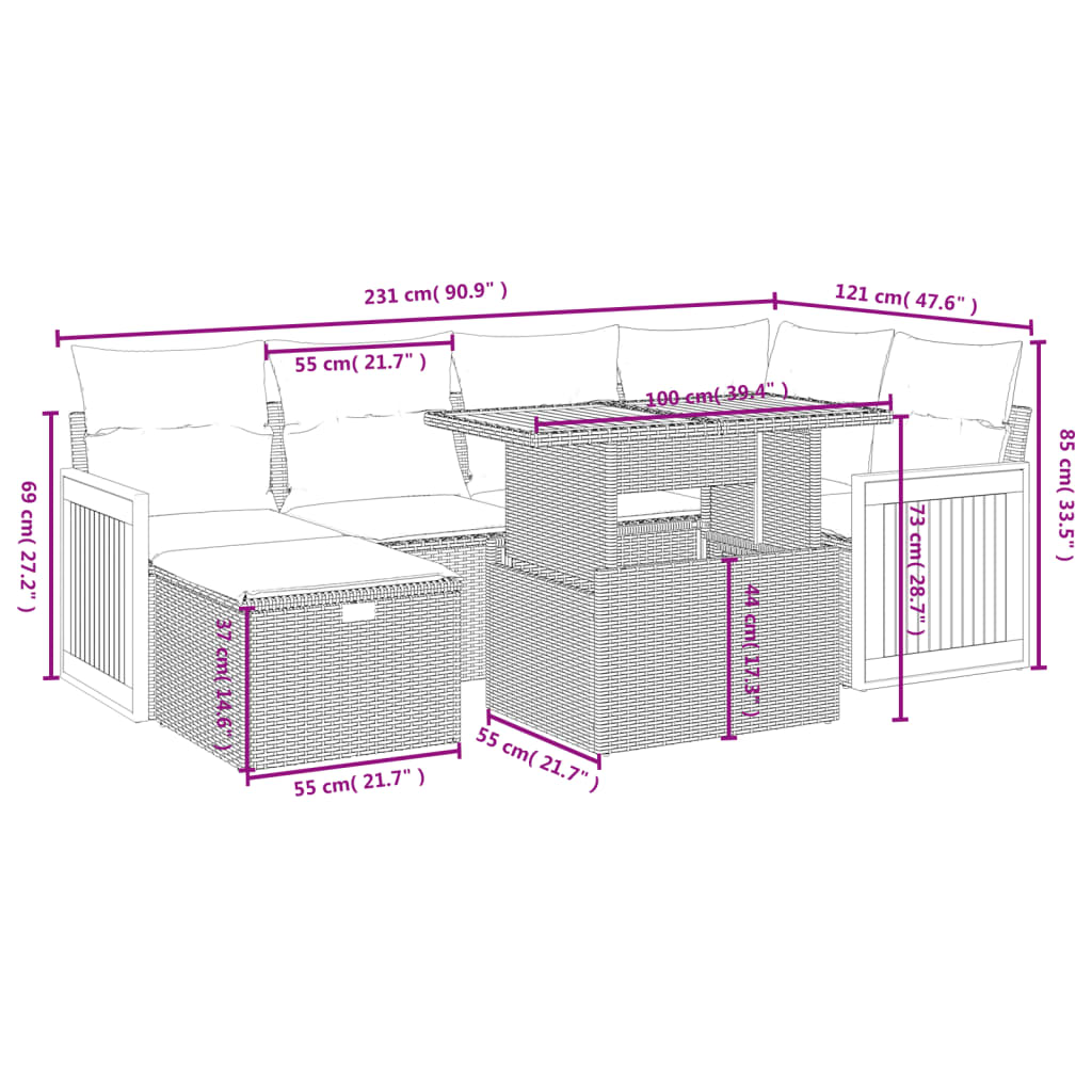 7-delige Loungeset met kussens poly rattan zwart