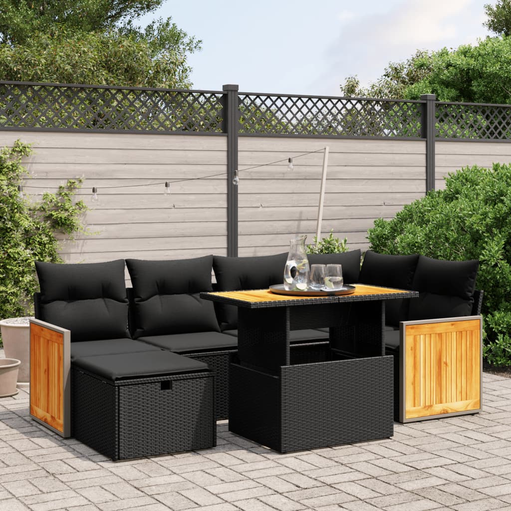 7-delige Loungeset met kussens poly rattan zwart