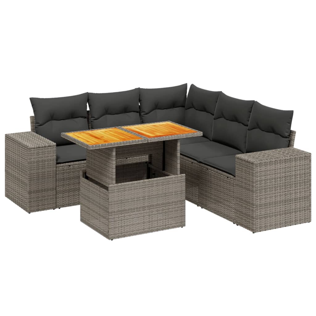 6-delige Loungeset met kussens poly rattan grijs