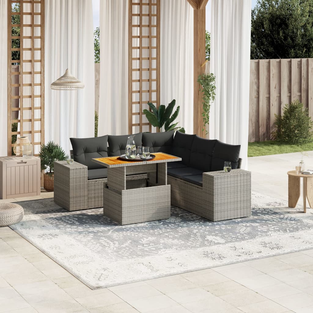 6-delige Loungeset met kussens poly rattan grijs