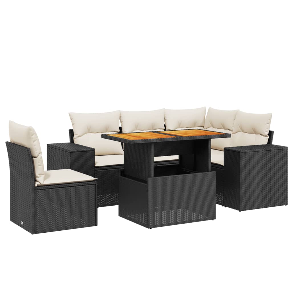 6-delige Loungeset met kussens poly rattan zwart