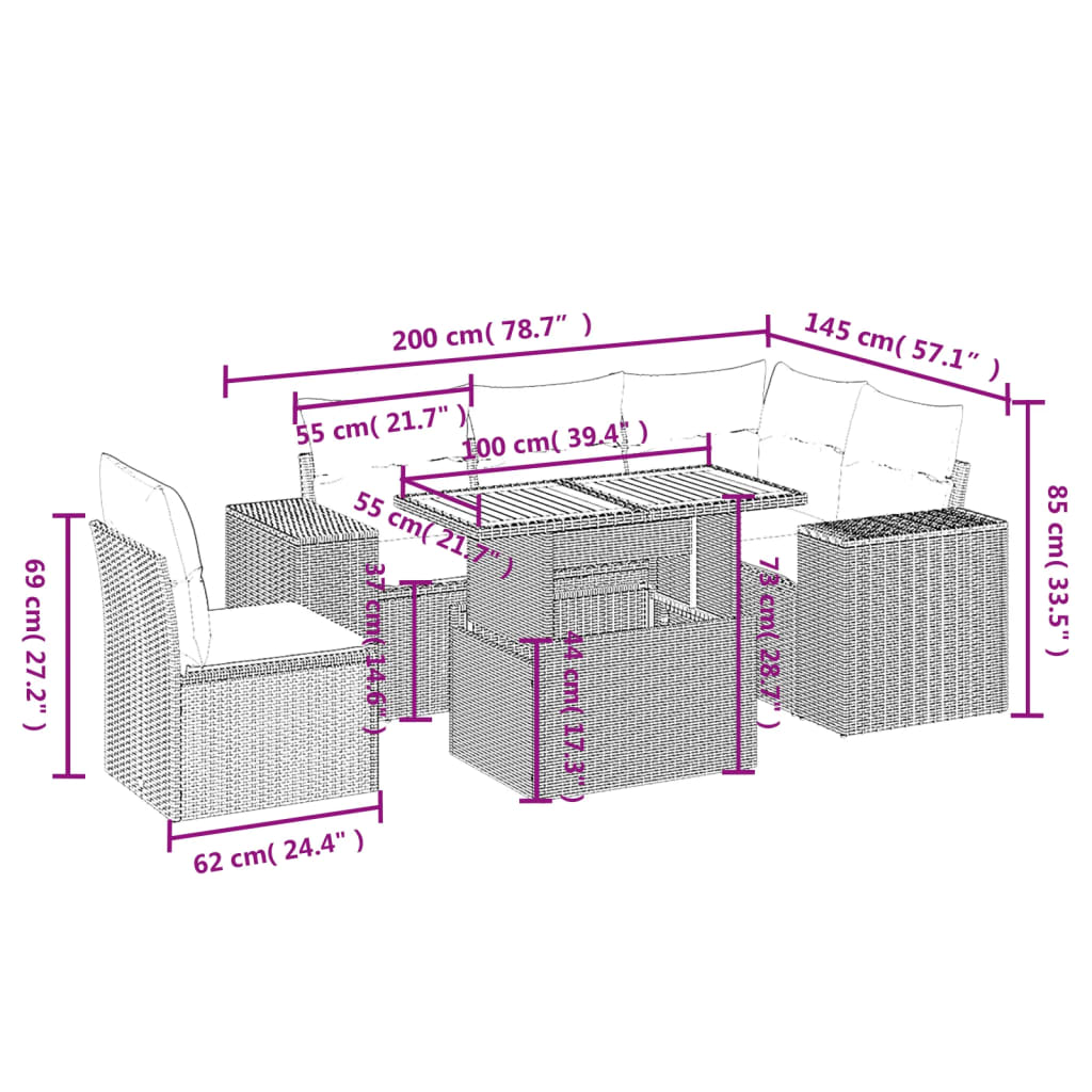 6-delige Loungeset met kussens poly rattan zwart