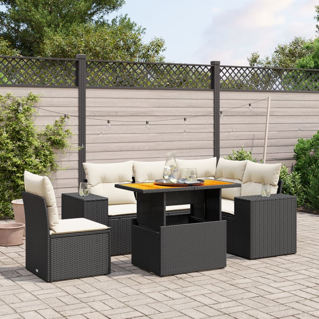 6-delige Loungeset met kussens poly rattan zwart