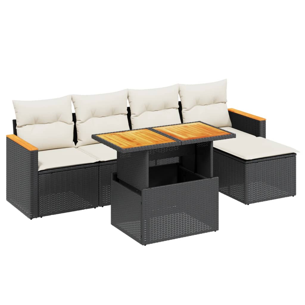 6-delige Loungeset met kussens poly rattan zwart