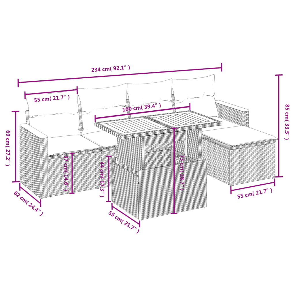 6-delige Loungeset met kussens poly rattan zwart