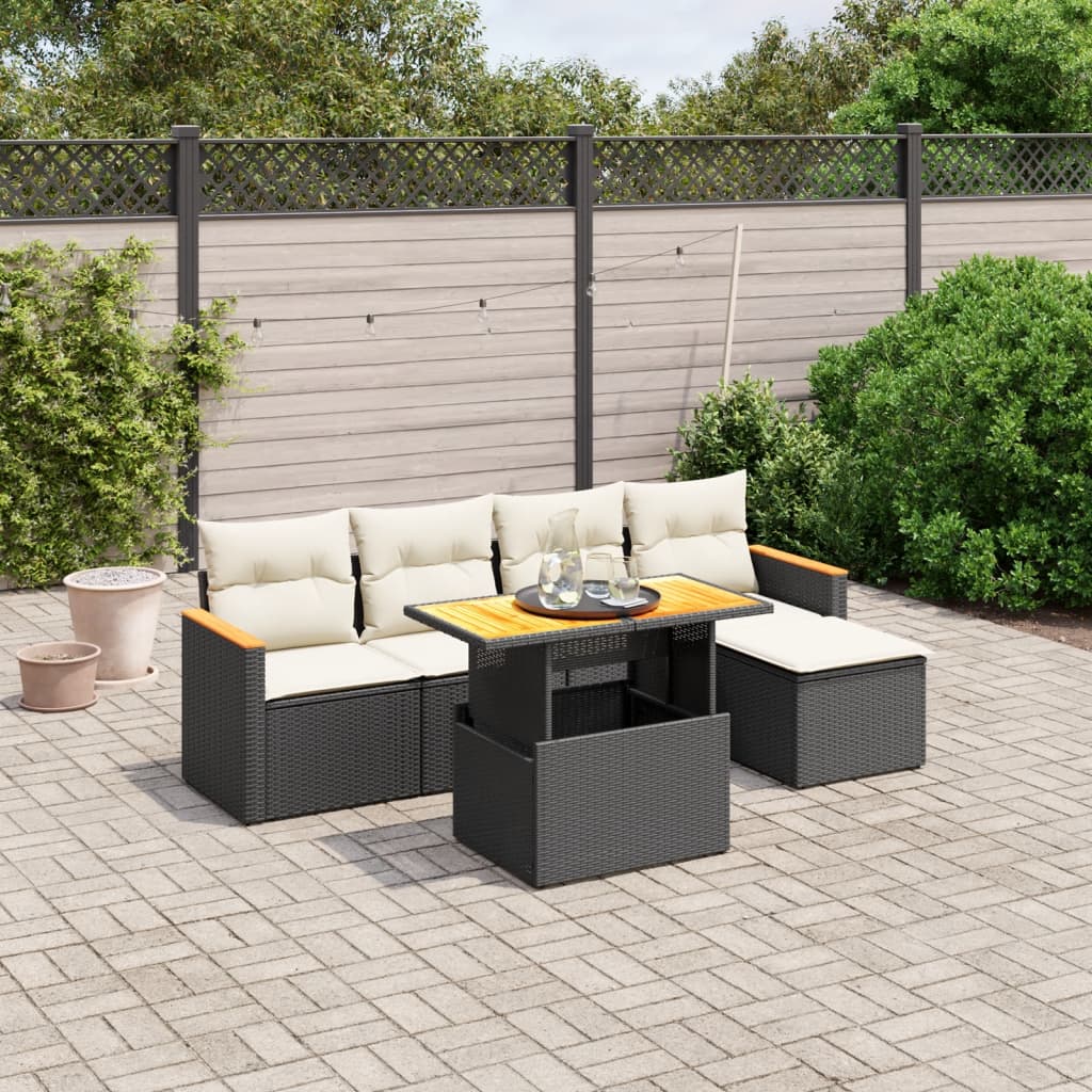 6-delige Loungeset met kussens poly rattan zwart