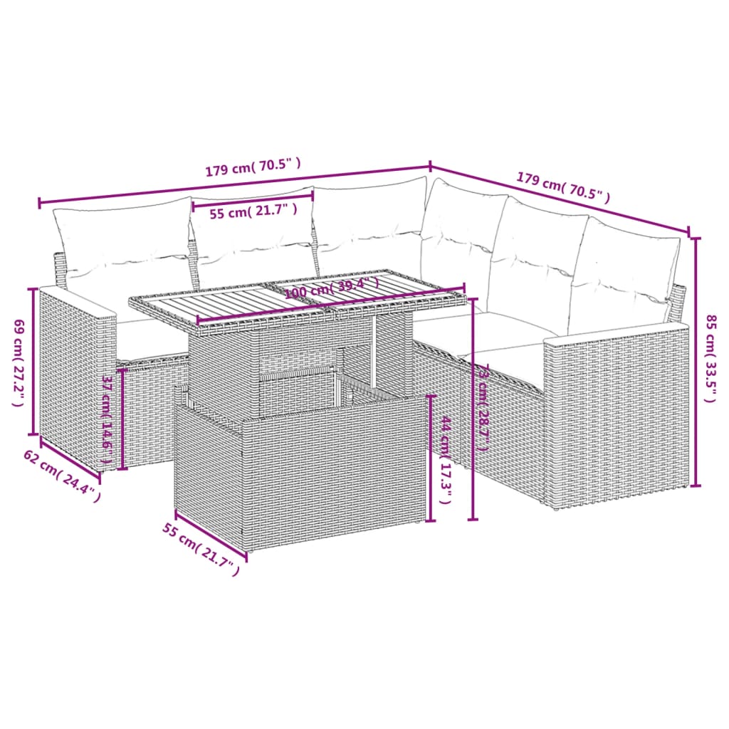 6-delige Loungeset met kussens poly rattan grijs