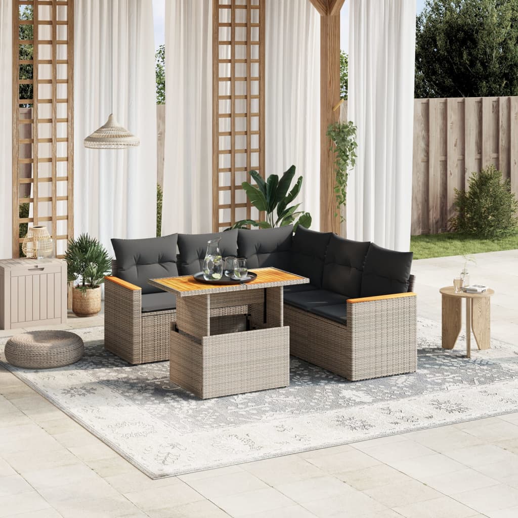 6-delige Loungeset met kussens poly rattan grijs