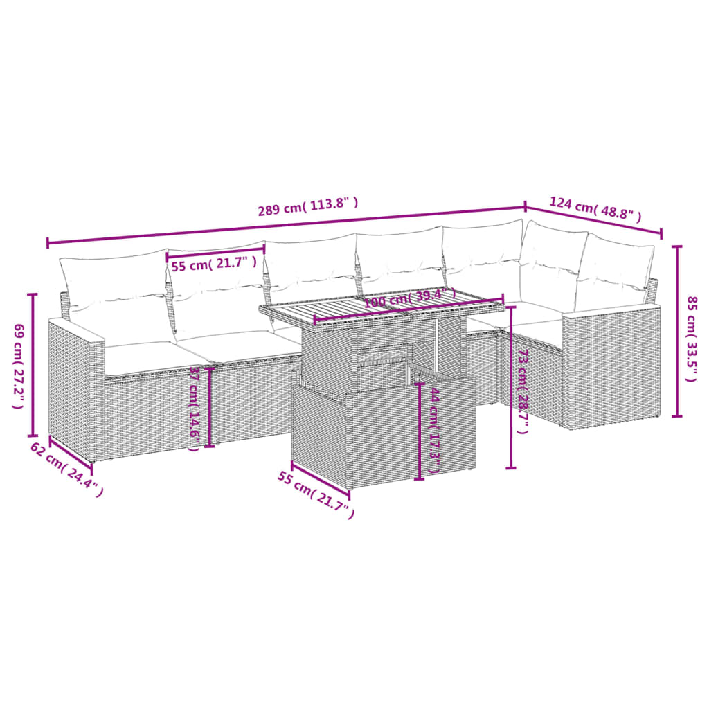 7-delige Loungeset met kussens poly rattan grijs