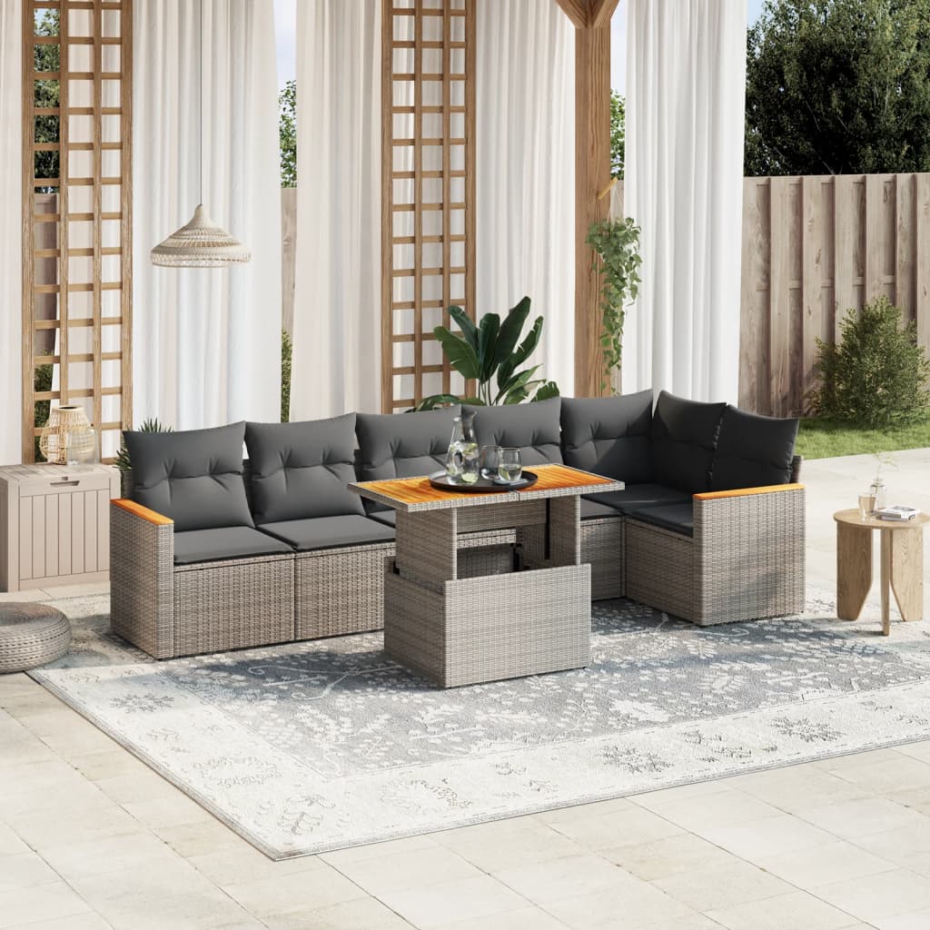 7-delige Loungeset met kussens poly rattan grijs